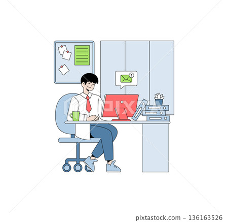 Man working at a desk in an office setting, typing on a laptop. The image includes office supplies, a bulletin board, and incoming email notification, highlighting productivity. 136163526