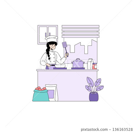 Chef preparing a meal in a kitchen, holding a spatula with a smile. Various kitchen items like pots and ingredients are visible, adding to the cooking scene. Vector illustration. 136163528