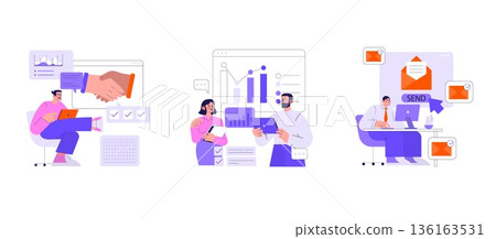Vector illustration showing business scenarios: handshake for collaboration, data analysis with charts, and email communication. Professionals engaged in teamwork and strategy planning. Vector illustration showing business scenarios: handshake for collaboration, data analysis with charts, and email communication. Professionals engaged in teamwork and strategy planning. 136163531