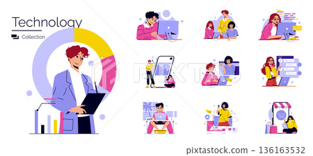 Technology collection vector illustration showing diverse characters interacting with digital devices, coding, and engaging in online activities, highlighting modern digital lifestyles. Technology collection vector illustration showing diverse characters interacting with digital devices, coding, and engaging in online activities, highlighting modern digital lifestyles. 136163532