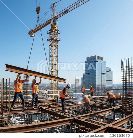 Workers installing steel frames at a high-rise building construction site Workers installing steel frames at a high-rise building construction site 136163670