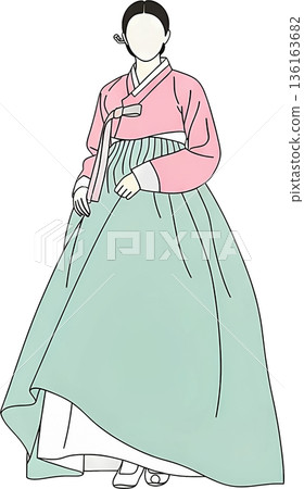 Korean woman illustration in traditional Hanbok dress with pink jeogori and light green chima skirt on white background vector design 136163682