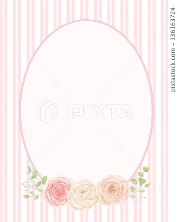 Watercolour striped background with floral bouquet, empty space for cards and invitations. Cottagecore design, template 136163724