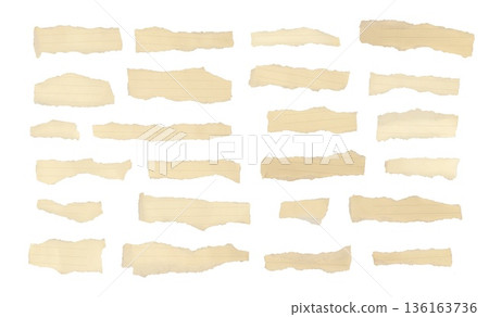 A set of torn strips of beige lined paper with jagged edges, isolated on a white background. Scraps of paper from a notebook. Concept of paper texture elements and stationery for design and print. A set of torn strips of beige lined paper with jagged edges, isolated on a white background. Scraps of paper from a notebook. Concept of paper texture elements and stationery for design and print. 136163736
