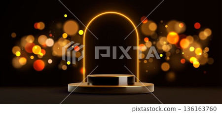 Elegant black golden podium, glowing arch Elegant black golden podium, glowing arch 136163760