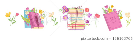 Book stack with flowers cartoon vector illustration 136163765