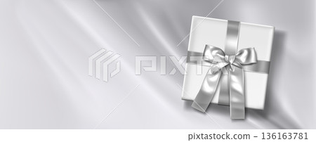 Silver silk background, white gift box, satin ribbon Silver silk background, white gift box, satin ribbon 136163781