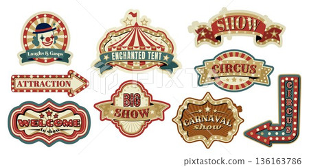 Vintage circus sign or emblems cartoon vector Vintage circus sign or emblems cartoon vector 136163786