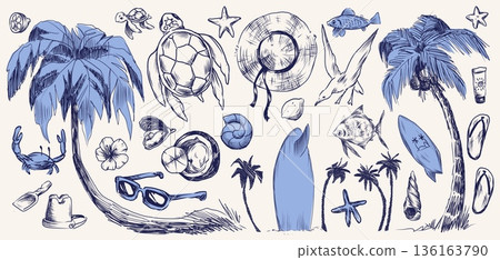 Vintage beach sketch set with coastal icons 136163790