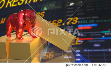 Red Bear Market Symbol On Gold Bars With Falling Stock Chart 3d render. Red Bear Market Symbol On Gold Bars With Falling Stock Chart 3d render. 136163830