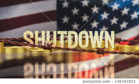 Government Shutdown Concept with Barbed Wire and United States Flag 3d render. Government Shutdown Concept with Barbed Wire and United States Flag 3d render. 136163852