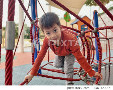 Young Boy Climbing Through A Playground Structure, Having Fun Outdoors. 136163886