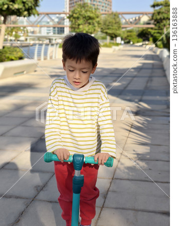 Boy Focused While Riding Scooter Down A Sunny, Tree-Lined Walkway. 136163888