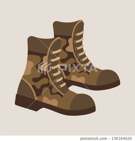 Camouflage military boots icon. A pair of khaki camouflage military boots. Illustration. 136164020