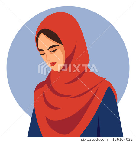 Serene Muslim Woman in Red Hijab Portrait. Illustration. Serene Muslim Woman in Red Hijab Portrait. Illustration. 136164022