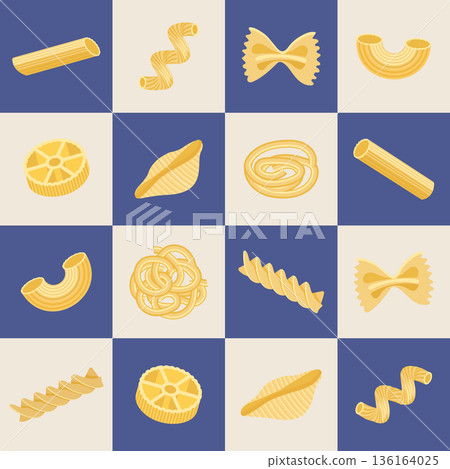 Assortment of Italian pasta in a checkerboard seamless pattern. Italian pasta background. 136164025