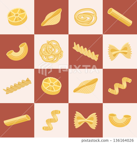 Assortment of Italian pasta in a checkerboard seamless pattern. Italian pasta background. 136164026