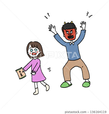 Dad playing the role of a demon at Setsubun and his scared daughter 136164119