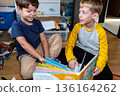 Two young boys sitting on the floor reading a colorful picture book at home, storytelling, friendship and childhood learning 136164262