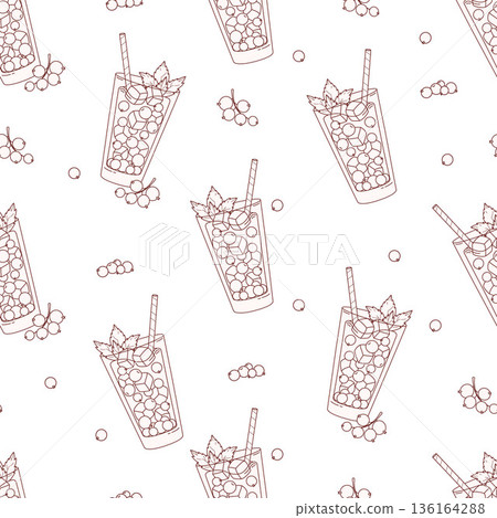 Outline Berry Drink Seamless Pattern. Line Art Seasonal Berries Blackcurrant Cocktails, Mint and Ice Cubes in glass on White Background. Line drawing, coloring page book. Vector Illustration Outline Berry Drink Seamless Pattern. Line Art Seasonal Berries Blackcurrant Cocktails, Mint and Ice Cubes in glass on White Background. Line drawing, coloring page book. Vector Illustration 136164288
