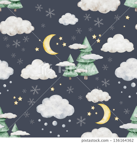 Crescent moon, clouds and stars. Cute winter seamless pattern with snowflakes. Watercolor Isolated weather baby illustration. Children's celestial background for kids goods,linen, pajamas and children Crescent moon, clouds and stars. Cute winter seamless pattern with snowflakes. Watercolor Isolated weather baby illustration. Children's celestial background for kids goods,linen, pajamas and children 136164362