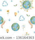 Seamless pattern of International Mother Earth Day. Ecology design. Watercolor hand drawn illustration for fabric, textile, wallpaper, packaging. Recycling, upcycling and downcycling signs. 136164363
