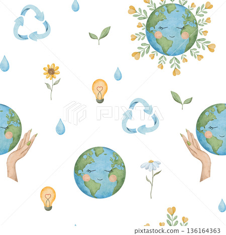 Seamless pattern of International Mother Earth Day. Ecology design. Watercolor hand drawn illustration for fabric, textile, wallpaper, packaging. Recycling, upcycling and downcycling signs. Seamless pattern of International Mother Earth Day. Ecology design. Watercolor hand drawn illustration for fabric, textile, wallpaper, packaging. Recycling, upcycling and downcycling signs. 136164363