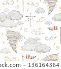 Clouds, wind, leaves, and windsock, weather vane with an arrow and a compass rose wind indicator. Cute watercolor seamless pattern. Hand drawn Background for children's products, bedding, pajamas 136164364
