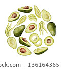 Avocado circle. Watercolor fruit halves and pieces illustration. Hand drawn botanical drawing. Green plant on isolated background for food, cosmetic packaging design, card, invitation. 136164365