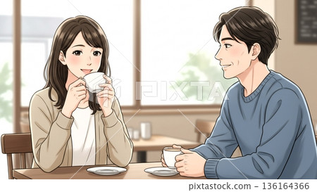 Couples in their 30s and 40s relaxing at a cafe 136164366