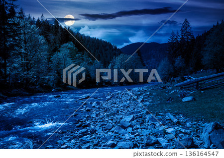 mountain river among the evergreen forest in spring at night. trees, grass, wooden fence and stones on the shore in full moon light. mysterious nature landscape. wonderful weather with gorgeous sky mountain river among the evergreen forest in spring at night. trees, grass, wooden fence and stones on the shore in full moon light. mysterious nature landscape. wonderful weather with gorgeous sky 136164547