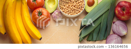 Prebiotic foods promoting gut health and wellness on table top view, space for text Prebiotic foods promoting gut health and wellness on table top view, space for text 136164656