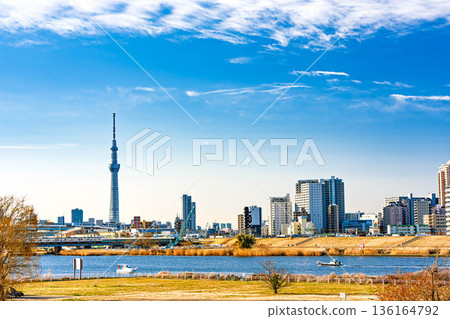 Edogawa River and Skytree under the blue sky Edogawa River and Skytree under the blue sky 136164792