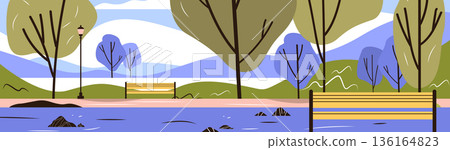 Park landscape nature scene with benches trees pond path lamp post mountains abstract colorful outdoor background horizontal banner 136164823