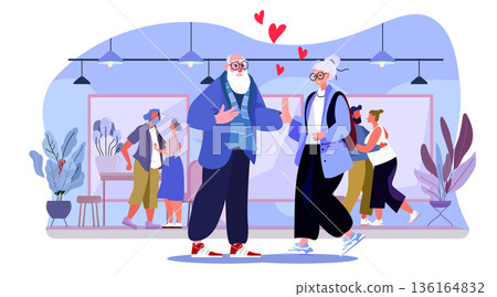 Senior couple valentine day celebration love romance elderly people dancing modern interior plants background 136164832