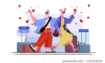 Senior couple traveling airport romance active aging holiday adventure cheerful elderly man woman holding hands walking luggage hearts modern flat design 136164834