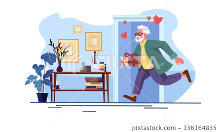Active senior man Valentine Day celebration concept elderly man with gift running indoors modern cozy home hearts decor Active senior man Valentine Day celebration concept elderly man with gift running indoors modern cozy home hearts decor 136164835