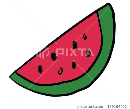 Hand drawn illustration of watermelon slice for fruit, breakfast, lunch, cafe, restaurant, menu, recipe, smoothie, juice drink, vegan, grocery shopping, supermarket, mart, icon, diet, beach vibe 136164912