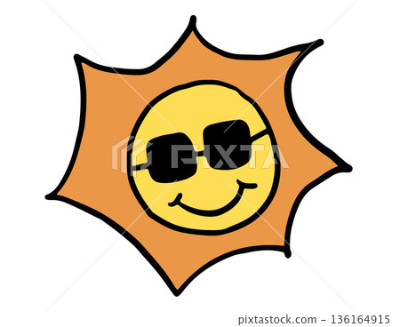 Hand drawn illustration of sun wearing sunglasses for day time, summer break, sticker, picnic, beach vibe, hot season, warm weather, temperature, nature, garden, outdoor, playtime, exercise, running Hand drawn illustration of sun wearing sunglasses for day time, summer break, sticker, picnic, beach vibe, hot season, warm weather, temperature, nature, garden, outdoor, playtime, exercise, running 136164915