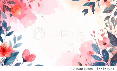柔和的邊框背景素材，飾以水彩花卉圖案。 136164923