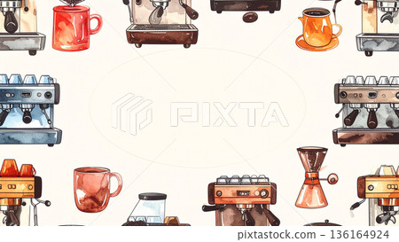 咖啡館風格的相框背景素材，上面排列著水彩風格的咖啡機 136164924