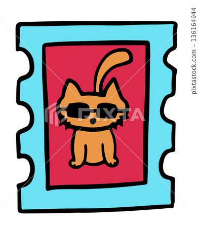 Hand drawn stamp illustrations of cat wearing sunglasses for decoration, kitten cartoon, characters, comic, stickers, tattoo, pet shop, vet, animal, pin, icon, post card, print, envelope, sticker 136164944
