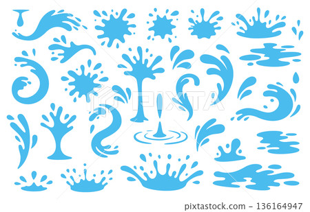 Set of blue water splashes and drops. Cartoon liquid splash collection, abstract fluid shapes and droplets isolated on white background 136164947