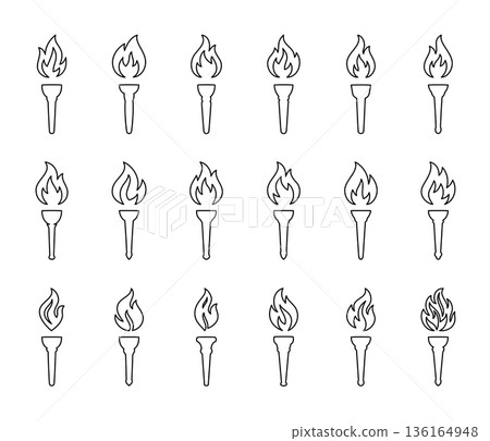 Set of outline burning torch icons. Minimalist vector line art flame symbols for games, freedom, ceremony, protest and celebration design Set of outline burning torch icons. Minimalist vector line art flame symbols for games, freedom, ceremony, protest and celebration design 136164948