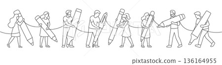People with giant pens and pencils. Minimalist outline vector illustration of teamwork, writing and collaboration concept People with giant pens and pencils. Minimalist outline vector illustration of teamwork, writing and collaboration concept 136164955