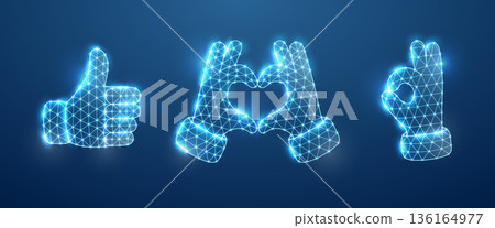 Three glowing hand gestures in wireframe mesh: thumbs up, heart sign, and OK sign. Blue digital polygonal neon design Three glowing hand gestures in wireframe mesh: thumbs up, heart sign, and OK sign. Blue digital polygonal neon design 136164977