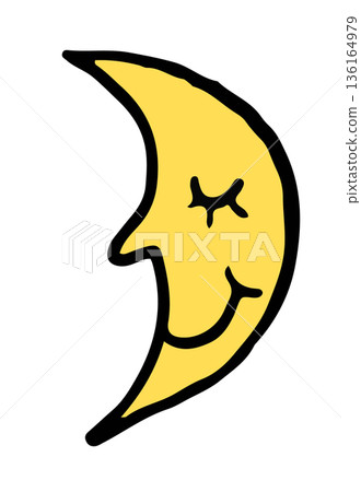 Hand drawn sleeping moon illustration for decoration, cartoon character, comic, mascot, sky and clouds, plush toy, kid doll, sticker, cute patch, brooch, shirt print, icon, good night, sleep tight 136164979