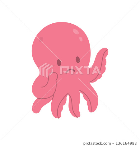 Sad cartoon octopus. Cute pink sea animal with a worried expression, flat vector design for emotions or kids. Sad cartoon octopus. Cute pink sea animal with a worried expression, flat vector design for emotions or kids. 136164988