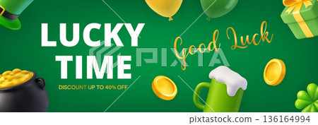 Lucky Time horizontal St. Patricks Day banner with beer, coins, balloons, and festive green background Lucky Time horizontal St. Patricks Day banner with beer, coins, balloons, and festive green background 136164994