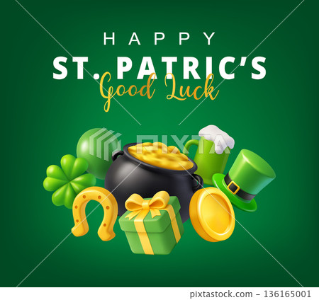 Saint Patricks Day greeting card with pot of gold, clover, beer, hat, gift and horseshoe 136165001